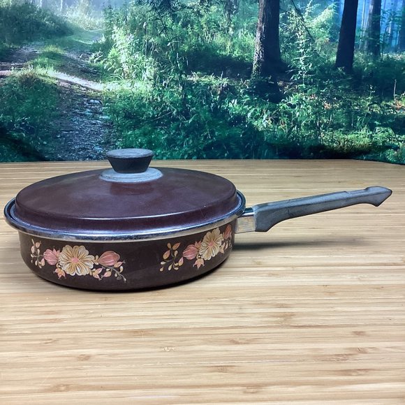 Vintage Enamel Cookware 70s Floral Brown - Picture 1 of 12